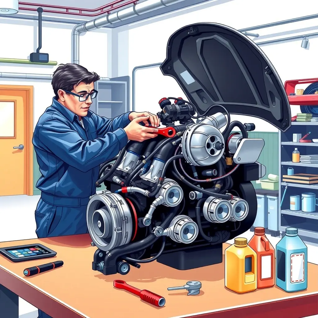 A detailed, realistic illustration of a mechanic repairing the 2.0 Turbo engine of a Geely Preface (2021 model) inside a clean garage. The engine block is open, showing pistons, turbocharger, and wiring. The mechanic, wearing a blue jumpsuit and safety glasses, is using a wrench on the turbocharger. Tools, a diagnostic tablet, and oil cans are neatly arranged on a workbench. The lighting is bright and focused on the engine, highlighting metal textures and polished surfaces.