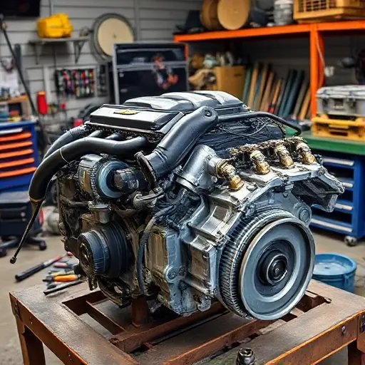 A detailed workshop scene showing a mechanic repairing a Chevrolet Suburban 5.3 V8 engine, with the engine disassembled on a workbench, tools scattered around, a close-up of the cylinder head, and a background of a garage with automotive parts