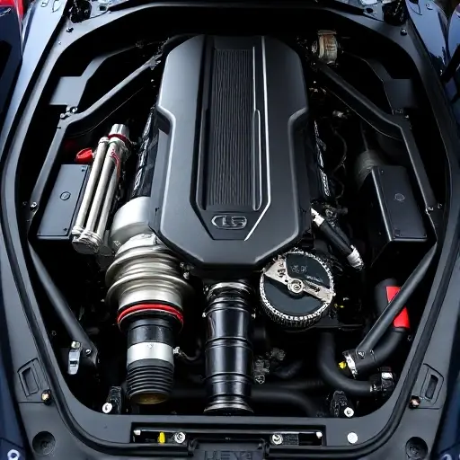 A detailed, high-quality image of the engine bay of a Ginetta Akula 6.0 V8 600 hp (2019) supercar. Focus on the engine itself, showcasing the V8 engine, intake manifold, exhaust system, and other mechanical components. The engine should be well-lit, highlighting its intricate details.