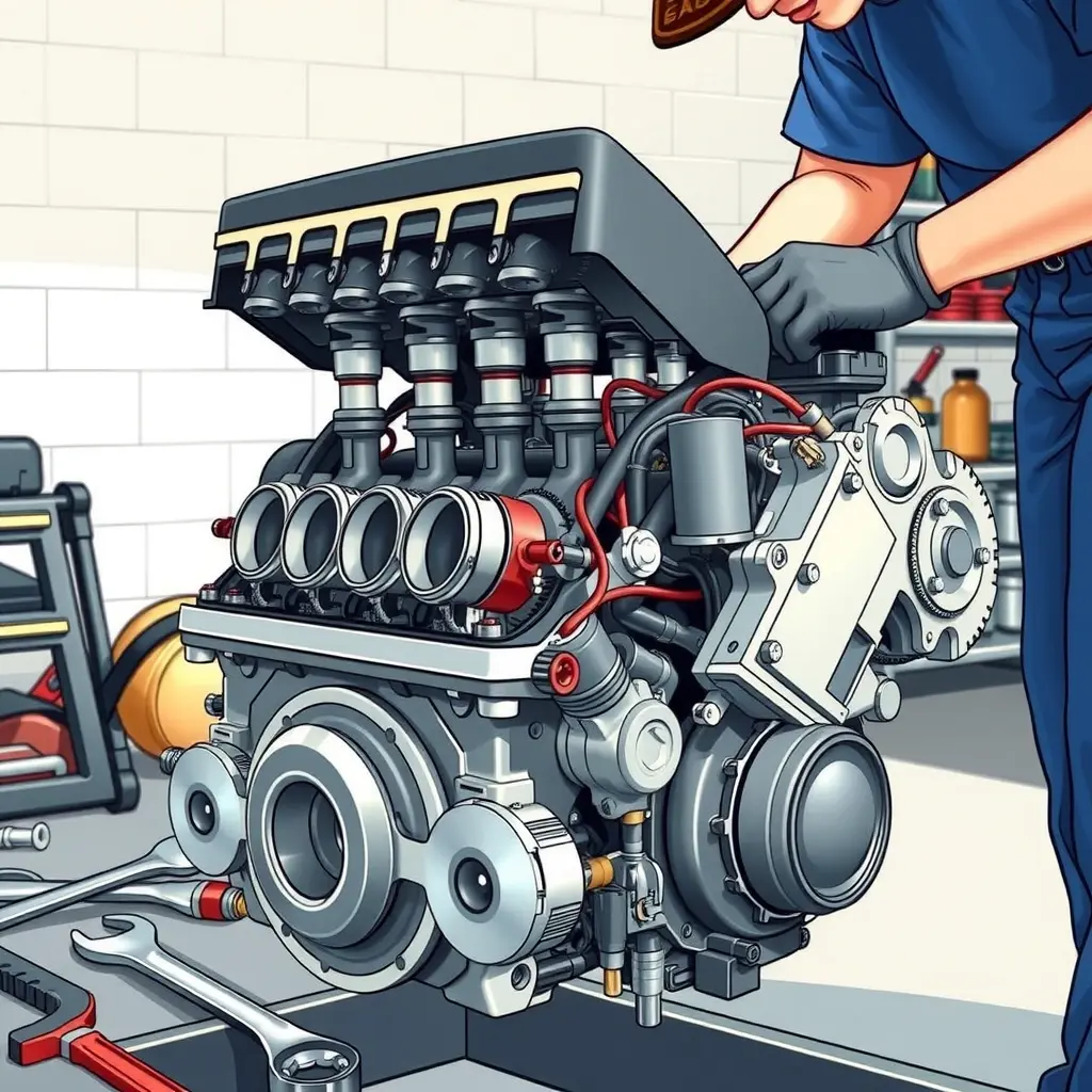 A detailed, realistic illustration of a mechanic repairing a Geo Metro 1.3 L R4 engine (1995-2001) in a clean garage workshop. The engine block is open, showing pistons, camshaft, spark plugs, and surrounding components, with tools such as wrenches and a torque wrench arranged nearby. Bright, natural lighting highlights the metal textures and the focused work environment, without any text, logos, or numbers.