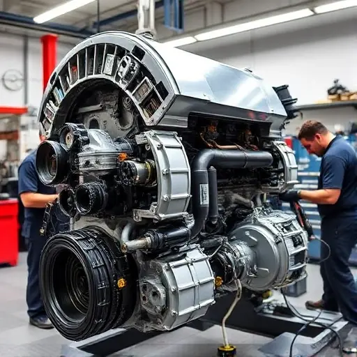 A detailed, high-quality image of the Lamborghini Revuelto V12 hybrid engine undergoing a major overhaul. Focus on the engine block, exhaust system, and hybrid components. Show technicians working on the engine, with tools and equipment visible. The background should be a clean, well-lit workshop environment.