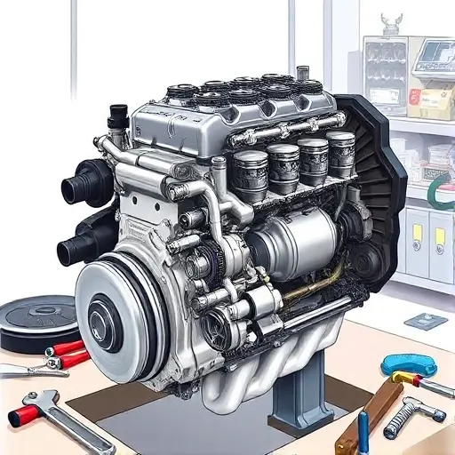 A detailed illustration of a Dacia Logan 1.0 SCe engine undergoing a major repair. The engine should be partially disassembled, showing various components like the cylinder head, pistons, and intake manifold. Tools such as wrenches, screwdrivers, and diagnostic equipment should be visible around the engine. The background should be a clean, well-lit workshop environment.