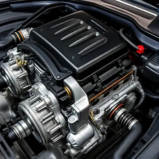 A detailed, high-quality image of a Bentley Continental GT 4.0L V8 Twi engine undergoing a major repair. The engine should be partially disassembled, revealing intricate components. Focus on the mechanics and the repair process.