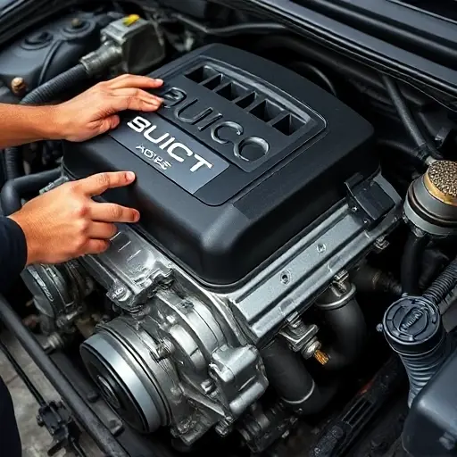 A detailed close-up of a Buick LaCrosse 3.6 V6 engine being repaired in a workshop, showing a mechanic's hands, tools, the engine block, and visible components in a realistic style, with no text or lettering