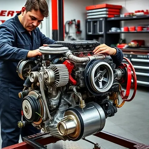 A detailed, realistic image of a mechanic working on the engine of an Alfa Romeo Tonale 2.0 Turbo. The engine should be partially disassembled, showcasing the internal components. Focus on the engine block, turbocharger, and related parts. The mechanic should be wearing professional attire and using specialized tools. The background should be a clean and organized automotive repair shop.