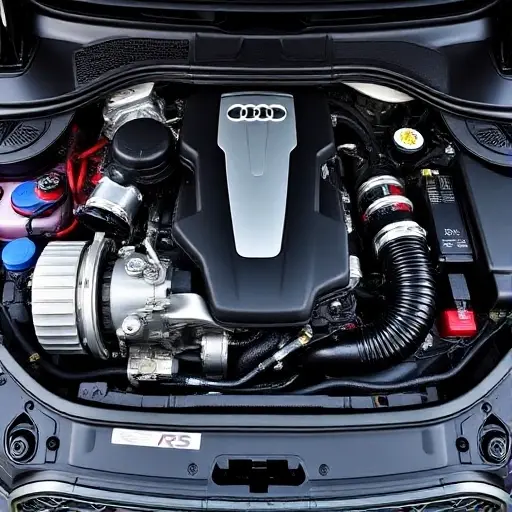 A detailed, high-quality image of the engine bay of a 2016-present Audi TT RS 2.5 TFSI 400 hp. Focus on the engine components, showcasing the turbocharger, intercooler, exhaust manifold, and other key parts. The engine should be clean and well-maintained.