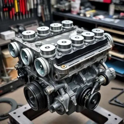 A detailed, high-quality image of a Marlin Roadster 2.0L 150hp engine undergoing a major overhaul. The engine should be partially disassembled, showcasing various components like pistons, connecting rods, crankshaft, and cylinder head. Tools and parts related to engine repair should be visible in the background. Focus on mechanical precision and cleanliness.