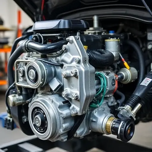 A detailed, high-quality image of a Range Rover Evoque PHEV engine undergoing a major repair. Focus on the engine block, visible components, and tools being used. The scene should be in a well-lit workshop environment.