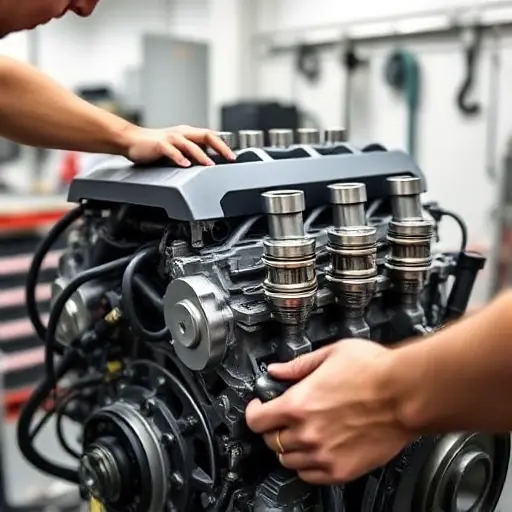 A detailed close‑up of a mechanic repairing the 1.5 TSI engine of a Cupra Formentor, showing the engine block, pistons, and tools in a clean workshop setting, with no text or lettering visible
