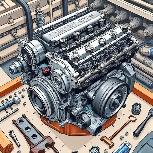 A detailed illustration of a Geo Metro 1.3L R4 engine undergoing a major overhaul. Focus on the engine block, cylinder head, and various components like pistons, valves, and connecting rods. Show tools and parts scattered around, indicating the repair process. The image should be realistic and show close-ups of mechanical details.