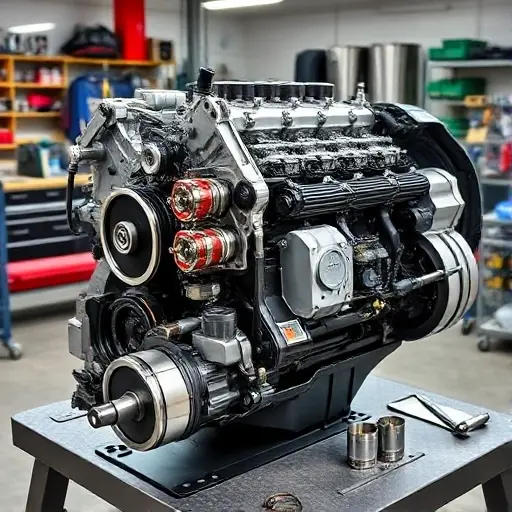 A detailed view of a BMW 7er G70 4.4 V8 engine undergoing a major overhaul. The image should show the engine disassembled with various components like pistons, cylinders, and the crankshaft laid out neatly on a clean workshop bench. The setting should be a well-lit, professional auto repair shop with tools and equipment in the background. The engine parts should be clean and organized, indicating a meticulous repair process.