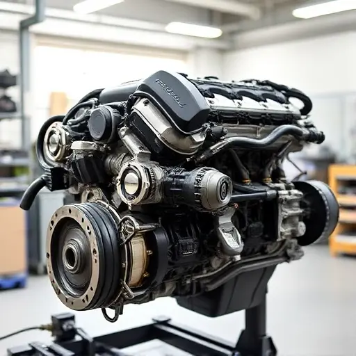 A detailed, high-quality image of a Chrysler 300 SRT8 6.4 V8 HEMI engine undergoing a major repair. The engine should be partially disassembled, revealing intricate components. Focus on the engine block, cylinder head, and visible parts of the internal mechanisms. The background should be a clean, well-lit workshop environment.