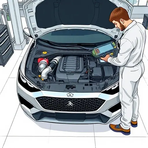 A detailed illustration of a mechanic repairing the engine of a 2019 DS Automobiles DS 7 E‑Tense PHEV with 300 hp. The car is open‑hood on a clean workshop floor, showing the engine block, turbocharger, wiring harness, and diagnostic tools such as a wrench, socket set, and a diagnostic scanner. The mechanic, wearing a neutral work uniform and gloves, is focused on tightening a bolt on the engine. The scene is realistic, well‑lit, and emphasizes the technical details of the engine components without any text or branding.