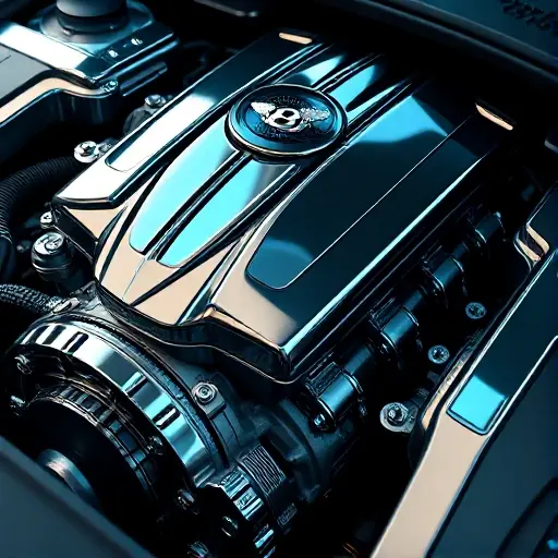 A high‑resolution close‑up of a Bentley Continental GT engine, showing the 6.0 L W12 635 hp powerplant from 2018, with polished metal surfaces, intricate valve covers, and subtle lighting that highlights the engine's luxury and performance, rendered in the smallHQ style