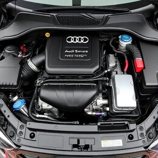 A detailed, high-quality image of the engine bay of a 2018-present Audi Q3 with a 2.0 TFSI 190 hp engine undergoing a major repair. Focus on the engine components, wiring, and repair tools. The engine should be partially disassembled, revealing the internal parts.