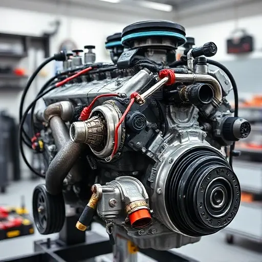 A detailed, high-quality image of a Haval Dargo 2.0 Turbo engine undergoing a major repair. The engine should be partially disassembled, revealing intricate components. Focus on the mechanics and tools involved in the repair process. The background should be a clean, well-lit workshop environment.