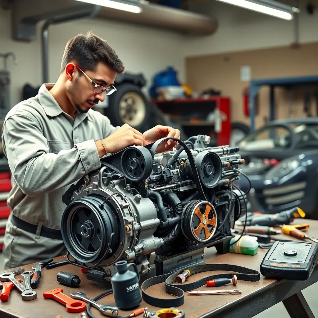 A detailed, realistic scene of a mechanic in a well-lit garage repairing a Marlin Roadster 2.0 L 150 hp engine (1990-2005). The engine is partially disassembled on a workbench, with tools such as wrenches, screwdrivers, and diagnostic equipment scattered around. The mechanic, wearing a clean jumpsuit and safety glasses, is focused on adjusting the timing belt. The background shows garage walls with tool racks and a subtle hint of the Roadster chassis, emphasizing the technical nature of the repair.