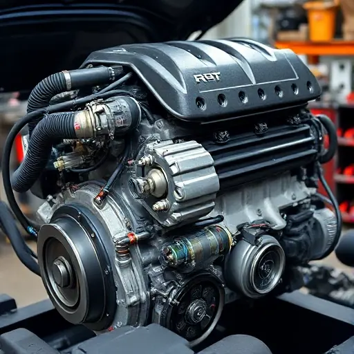 A detailed, high-quality image of a Dodge Durango SRT 6.4 V8 engine undergoing a major repair. Focus on the engine block, visible components, and tools being used. The scene should be in a well-lit workshop environment.