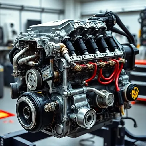A detailed, high-quality image of a Ferrari Enzo 6.0 V12 engine undergoing a major overhaul. The engine should be partially disassembled, revealing intricate components and mechanics. Focus on the engine block, cylinder head, and various parts being inspected and repaired. The background should be a clean, well-lit workshop environment.