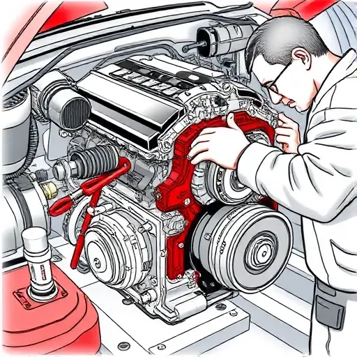 A detailed illustration of an Abarth 500 1.4 T Jet engine repair process. Focus on the engine components, tools, and a mechanic working on the engine. The scene should be well-lit and show close-ups of specific parts being examined or replaced.