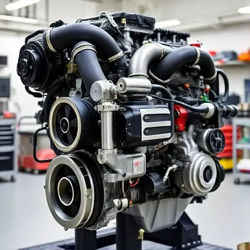 A detailed, high-quality image of a Mercedes-Benz G 63 AMG 4.0 V8 Turbo engine undergoing a major overhaul. The engine should be prominently displayed, showcasing its complex components and intricate details. Focus on the engine block, turbocharger, and various mechanical parts. The background should be a clean, well-lit workshop environment.