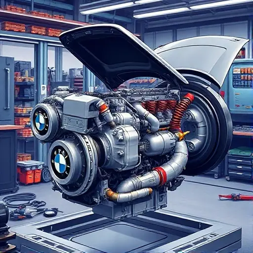 A detailed, high-quality illustration of a BMW 7 Series G70 PHEV engine undergoing major repair, showing the 571 hp plug-in hybrid powertrain with visible components like the turbocharged inline-6 engine, electric motor, battery pack, and cooling system, set in a professional automotive workshop with tools and diagnostic equipment, realistic lighting, no text or labels