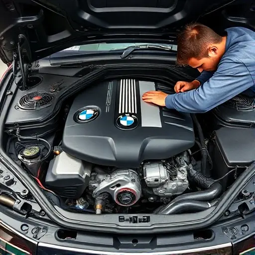 A detailed image of a BMW 1 Series E81 engine compartment showing a mechanic performing maintenance on a 1.6L 122hp engine from 2007-2011, realistic lighting, high detail, automotive workshop setting