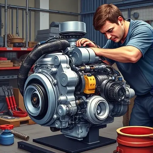 A detailed illustration of a mechanic repairing the 1.5 L turbocharged engine of a FAW Bestune B70, showing the engine block, turbocharger, and surrounding components with tools and a workshop setting, emphasizing realistic textures and lighting