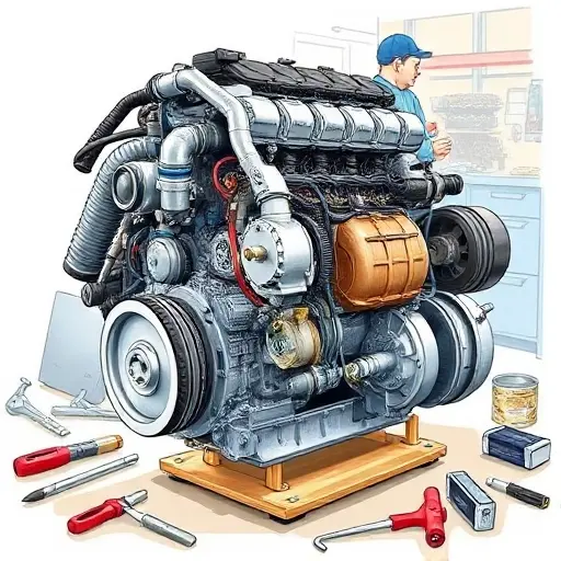 A detailed illustration of a Ford Transit 2.0 EcoBlue diesel engine undergoing a major repair. The engine should be shown with visible components being worked on, tools scattered around, and a mechanic in the background. Focus on the engine's intricate details and the repair process.