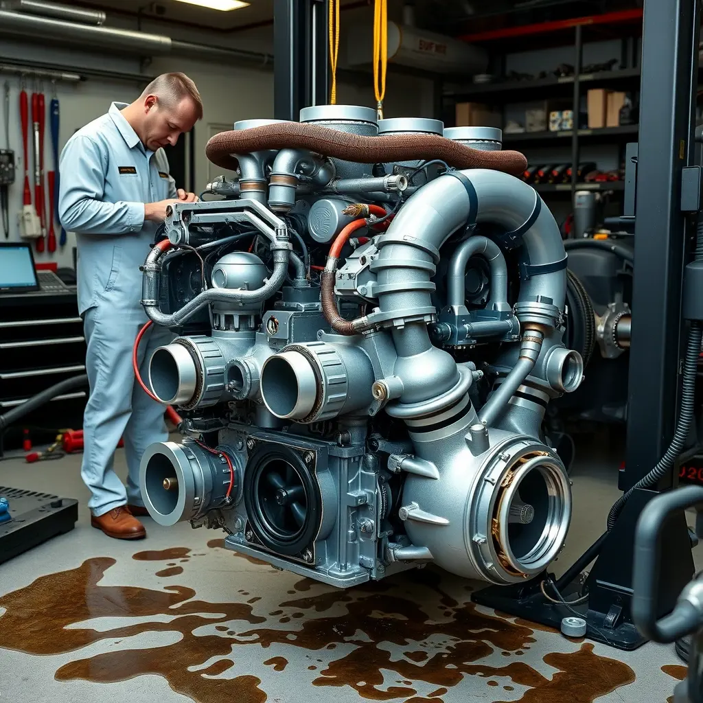 A detailed, realistic scene of a high-performance V8 twin-turbo engine from a Gumpert Apollo S being repaired in a professional garage. The engine block, turbochargers, and exhaust manifolds are exposed, with a mechanic in clean coveralls using specialized tools, oil stains on the floor, and diagnostic equipment nearby. The focus is on the intricate mechanical components, metal textures, and the atmosphere of precision engineering.