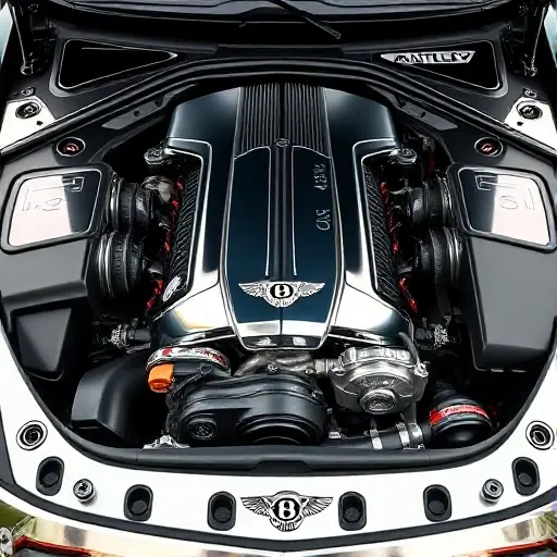 A high‑resolution close‑up of a polished Bentley Flying Spur engine bay showing a 6.0 L W12 engine with 635 hp, visible turbochargers, chrome details, and service tools, rendered in the smallHQ style