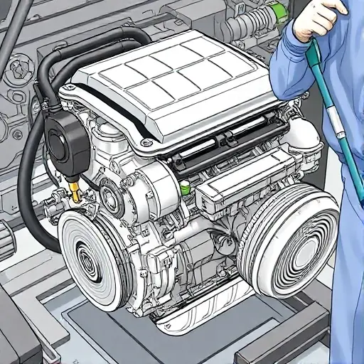 A detailed illustration of a Range Rover PHEV engine undergoing a major repair. Focus on the engine block, components, and tools being used. The scene should depict a professional mechanic working on the engine.