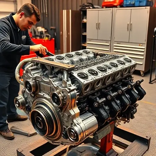 A detailed view of a high-end automotive workshop where a skilled mechanic is performing a complete overhaul of a Bentley Continental GT engine. The engine block is open, showing pistons, crankshaft, and valve train, with professional tools spread around. Warm lighting highlights the metallic surfaces, and the background shows organized tool cabinets and a clean floor.