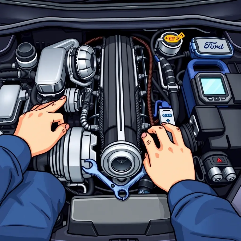 A detailed, high-resolution illustration of a mechanic's hands and tools working inside the engine bay of a 2018 Ford Focus with a 1.5 EcoBoost 182 hp engine. Show the engine components such as the turbocharger, fuel injectors, and timing belt being inspected or repaired, with professional automotive tools like wrenches, sockets, and a diagnostic scanner visible. Emphasize realistic lighting, metallic textures, and a clean workshop environment, focusing solely on the engine repair scene without any text or branding.