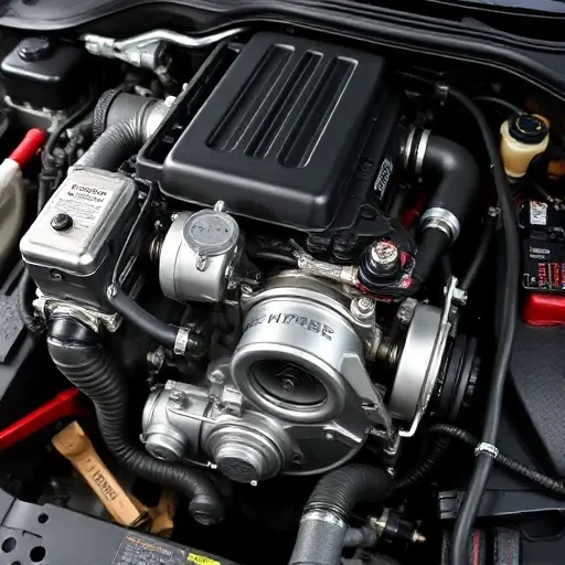 A detailed, high-quality image of a GMC Terrain 1.5 Turbo engine undergoing a major repair. Focus on the engine block, turbocharger, and surrounding components. Show tools and parts scattered around, indicating the repair process. The engine should be well-lit, highlighting the intricate details.