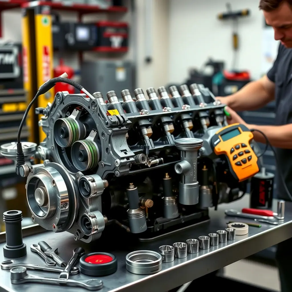 A detailed, realistic scene of a mechanic in a clean garage working on the engine of a 2008-2010 Hummer H3 with a 5.3 V8 305 hp. The engine is partially disassembled, showing pistons, valve train, and a diagnostic scanner plugged in. Tools such as wrenches, sockets, and a torque wrench are neatly arranged on a metal workbench. The lighting is bright and focused on the engine, highlighting metal textures and oil stains, with a subtle background of garage equipment.