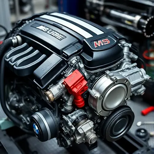 A detailed, high-quality image of a BMW M8 G15 4.4 V8 engine undergoing repair. Focus on the engine block, visible components, and tools being used. The scene should be in a professional automotive repair shop setting.