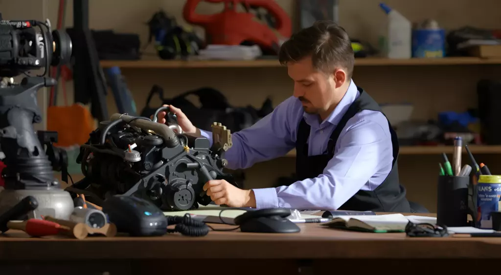 A realistic horizontal photo of a mechanic in a workshop repairing an engine, with tools and engine parts scattered around, a phone on a desk, all depicted in natural lighting and detail, without any text or brand logos