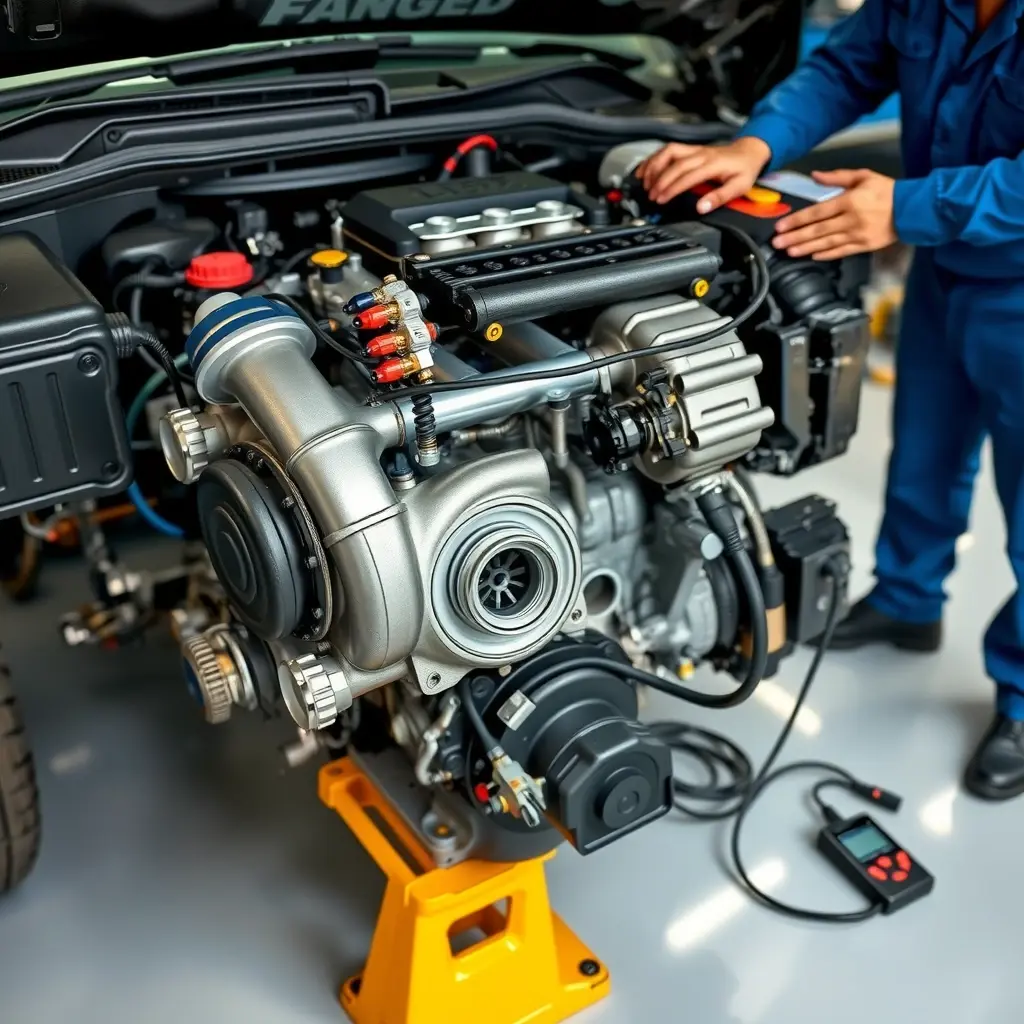 A detailed, realistic scene of a mechanic repairing the 2.0 EcoBlue diesel engine of a 2019 Ford Ranger, showing the engine block, turbocharger, fuel injectors, and diagnostic tools on a clean workshop floor, with focus on the engine components and hands working, captured in high definition.