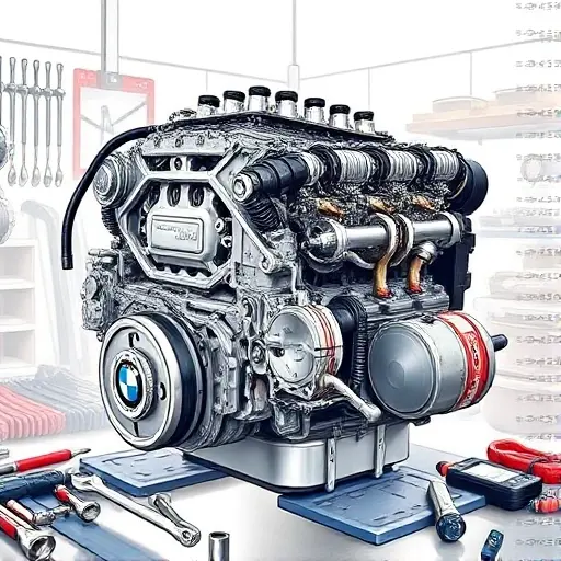 A detailed illustration of a BMW 5er E39 2.0L 150hp engine undergoing repair. The engine should be partially disassembled, showing various components like the cylinder head, pistons, and connecting rods. Tools such as wrenches, screwdrivers, and diagnostic equipment should be present around the engine. The background should be a clean, well-lit workshop environment.