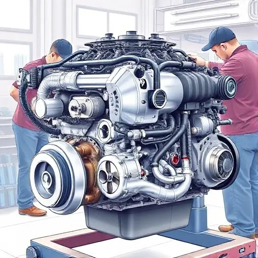A detailed illustration of a Haval Jolion 1.5 Turbo engine undergoing a major repair. The engine should be shown with visible components, tools, and technicians working on it. Focus on the engine block, turbocharger, and exhaust system. The scene should be in a well-lit workshop environment.