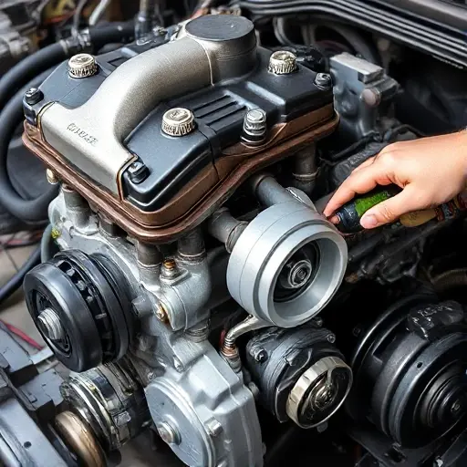 A detailed, high-quality image of a Geely Coolray 1.5 Turbo engine undergoing a major repair. Focus on the engine block, turbocharger, and surrounding components. Show tools and parts being used during the repair process. The scene should be well-lit and emphasize the mechanical details.