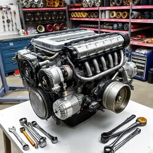 A detailed view of a BMW 8er E31 5.6 V12 engine undergoing a major overhaul. The engine should be partially disassembled, with various components like the cylinder heads, pistons, and crankshaft visible. The scene should include mechanic tools such as wrenches, sockets, and a torque wrench laid out neatly on a clean workshop bench. The background should feature a well-organized garage with shelves of spare parts and engine components.