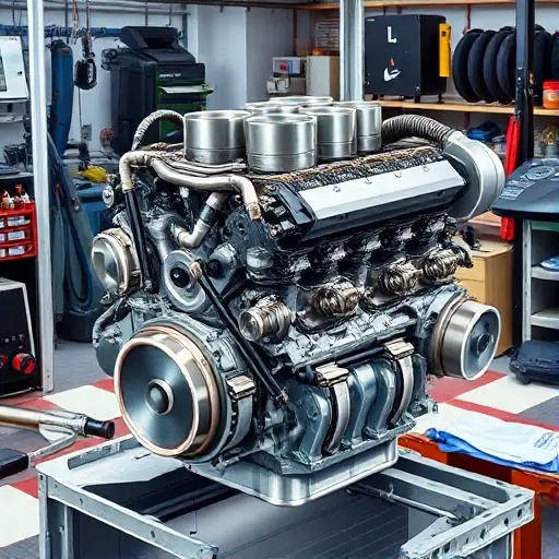 A detailed, realistic illustration of a BMW M2 G42 3.0 L engine undergoing a comprehensive overhaul in a well‑organized workshop. The scene shows the engine block opened, with pistons, crankshaft, and valve train exposed, surrounded by professional mechanic tools such as torque wrenches, diagnostic equipment, and clean rags. The lighting highlights the metallic surfaces and precision components, emphasizing the craftsmanship and technical detail of the repair process. The background features a t