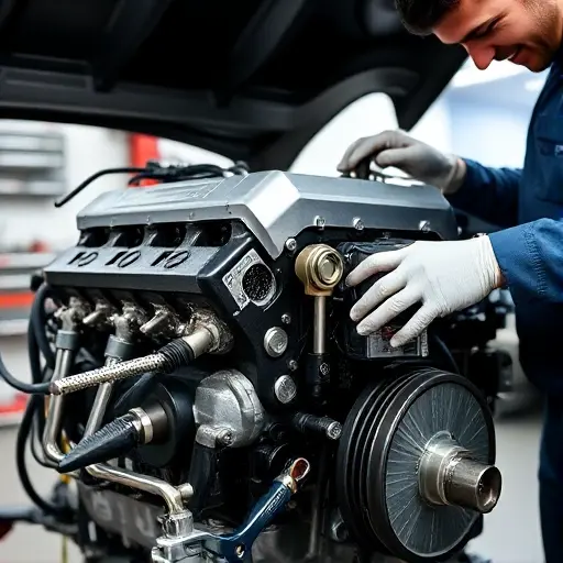 A detailed close-up of a mechanic repairing a Chevrolet Malibu 1.5 Turbo engine, showing the engine block, pistons, and tools such as wrenches and screwdrivers, set in a clean workshop with a neutral background, no text or lettering