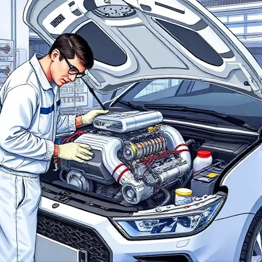 A detailed illustration of a mechanic repairing the 2.0 Turbo engine of a 2021 Exeed TXL, with the car's hood open, showing the engine block, turbocharger, and surrounding components. The mechanic is wearing a clean jumpsuit, gloves, and safety glasses, using professional tools like wrenches and diagnostic equipment. The setting is a well-lit, organized garage with a focus on the engine parts and the repair process, no logos or text in the scene.