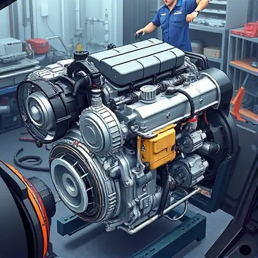 A detailed illustration of a Denza N8 PHEV engine undergoing a major repair. The image should focus on the engine compartment, showcasing the 1.5T engine and electric motors. Tools and technicians working on the engine should be subtly visible in the background. The overall scene should convey precision and technical expertise.