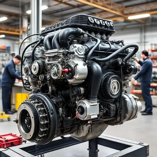 A detailed, high-quality image of a ChangFeng Liebao Heijingang 2.4 L 1 engine undergoing a major overhaul. The engine should be shown with visible components, tools, and technicians working on it in a well-lit workshop. Focus on precision and mechanical detail.