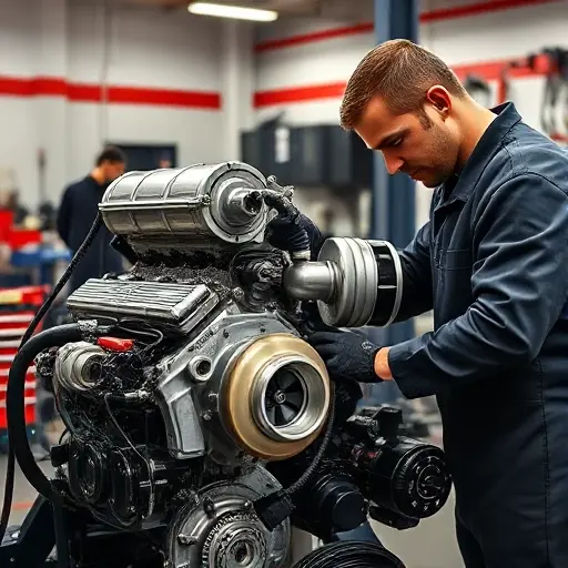 A mechanic repairing a modern car engine with a turbocharger in a well‑lit workshop, showing the engine block, turbo unit, tools, and diagnostic equipment, with a professional and clean atmosphere