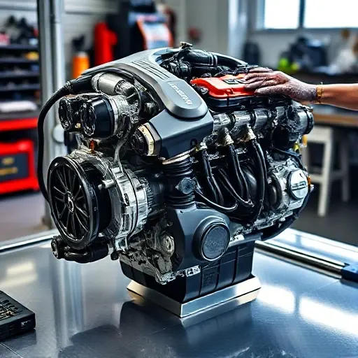 A high-performance hybrid Acura NSX NC1 engine being repaired in a professional workshop, showing detailed mechanical components, precision tools, and a mechanic's hands working on the engine, with subtle reflections of engine parts on a clean surface, emphasizing advanced hybrid technology and craftsmanship